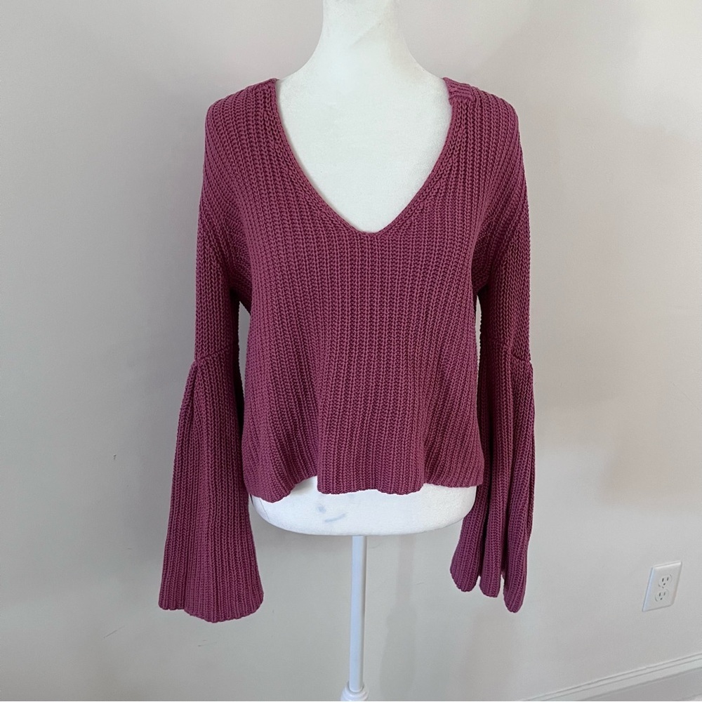 Free People Rose Pink Damsel Bell Sleeve Cotton V-neck Sweater |Small| - Picture 5 of 10